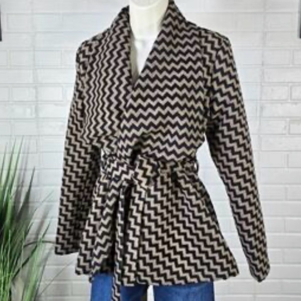 Anthropologie Tulle Wool Black and Tan Chevron Trench Coat
